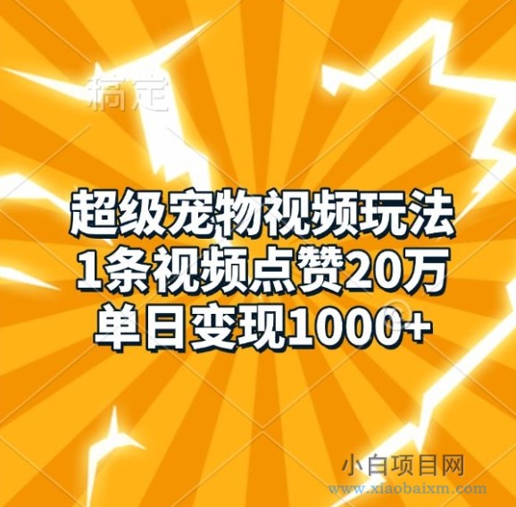 超级宠物视频玩法,1条视频点赞20万,单日变现1K-小白项目分享网