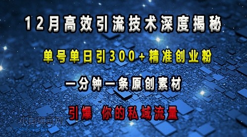 最新高效引流技术深度揭秘 ，单号单日引300+精准创业粉，一分钟一条原创素材，引爆你的私域流量-小白项目分享网