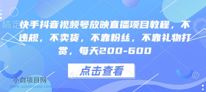 快手抖音视频号放映直播项目教程,不违规,不卖货,不靠粉丝,不靠礼物打赏,每天200-600
