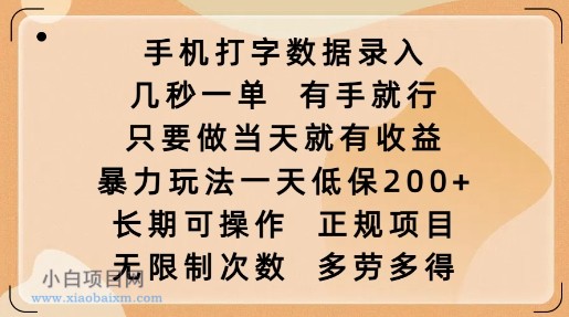 手机打字数据录入,几秒一单,有手就行,只要做当天就有收益,暴力玩法一天低保2张