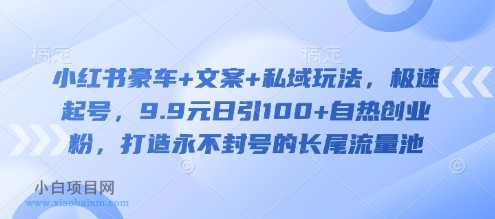 小红书豪车+文案+私域玩法,极速起号,9.9元日引100+自热创业粉,打造永不封号的长尾流量池