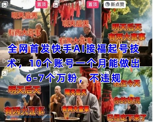 全网首发快手AI接福起号涨粉技术，10个账号一个月能做出6-7个万粉，不违规-小白项目分享网