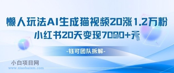 懒人玩法AI生成猫咪图片视频,20涨1.2W万粉,小红书商单20天变现7k
