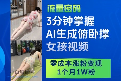 3分钟掌握AI生成俯卧撑女孩视频，零成本涨粉变现，1个月1W粉-小白项目分享网