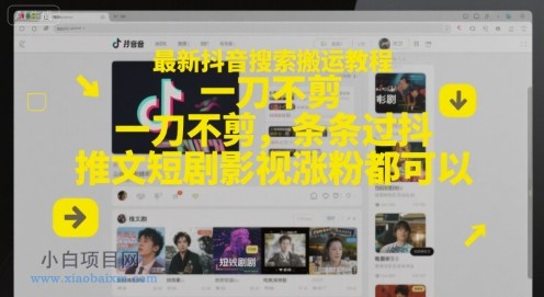 最新抖音搜索搬运教程，一刀不剪，条条过抖，推文短剧影视涨粉都可以-小白项目分享网