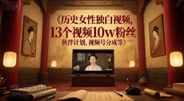 历史女性独白视频，13个视频10w粉丝，伙伴计划，视频号分成等-小白项目分享网