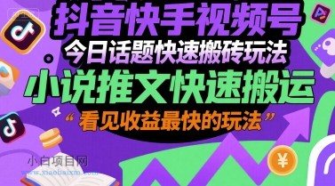 抖音快手视频号今日话题快速搬砖玩法，小说推文快速搬运，看见收益最快的玩法-小白项目分享网