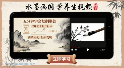 水墨画国学养生视频，五分钟学会复制爆款，快速起千粉万粉号-小白项目分享网
