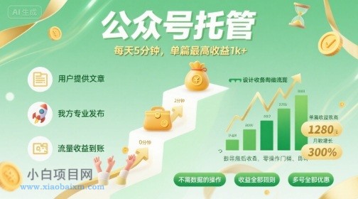 【公众号托管 】我提供文章,你发布,每天5分钟,单篇最高收益1k+【揭秘】