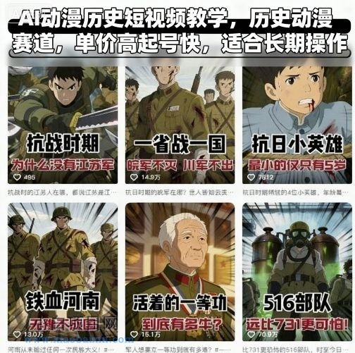 AI动漫历史短视频教学,历史动漫赛道,单价高起号快,适合长期操作