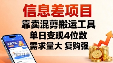 信息差项目,靠卖混剪搬运工具,单日变现4位数,需求量大,复购强,操作简单,几分钟一条视频