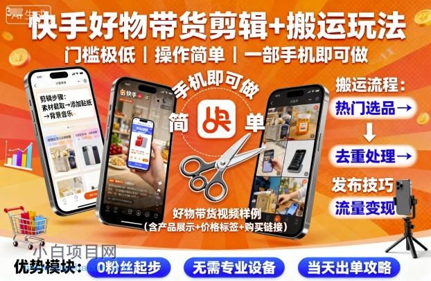 快手好物带货剪辑+搬运玩法,门槛极低,操作简单,一部手机即可玩做