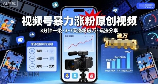 视频号暴力涨粉原创视频，3分钟一条原创视频，3-7天涨粉破万，玩法分享给你-小白项目分享网