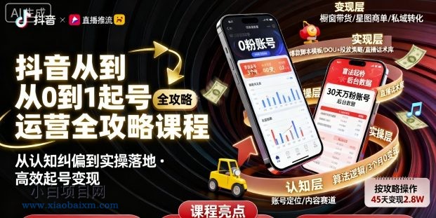 抖音从0到1起号运营全攻略课程，从认知纠偏到实操落地，高效起号变现-小白项目分享网