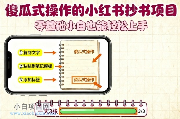 傻瓜式操作的小红书抄书项目,会复制粘贴就行,零基础小白也能一天3张