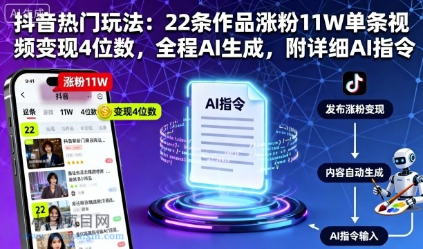 抖音热门玩法：22条作品涨粉11W单条视频变现4位数，全程AI生成，附详细AI指令-小白项目分享网