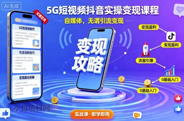 5G短视频抖音实操变现课程,自媒体,无谓引流变现-小白项目分享网