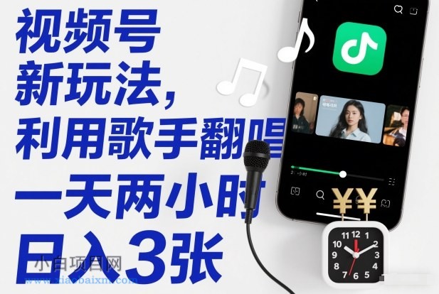 【匠心小白】视频号新玩法,利用歌手翻唱,一天两小时,日入3张