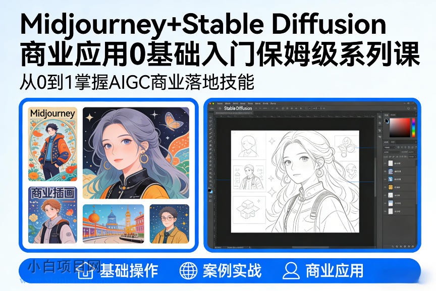【匠心小白】AIGC商业应用Midjourney+Stable Diffusion教程，0基础入门保姆级系列课-小白项目分享网