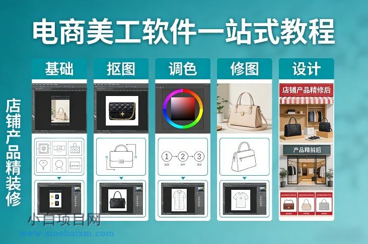 【匠心小白】电商美工软件一站式教程，基础/抠图/调色/修图/设计，店铺产品精装修-小白项目分享网
