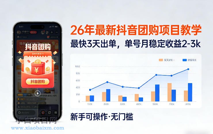 【匠心小白】26年最新抖音团购项目教学，0门槛，最快3天出单，单号月稳定收益2-3k-小白项目分享网