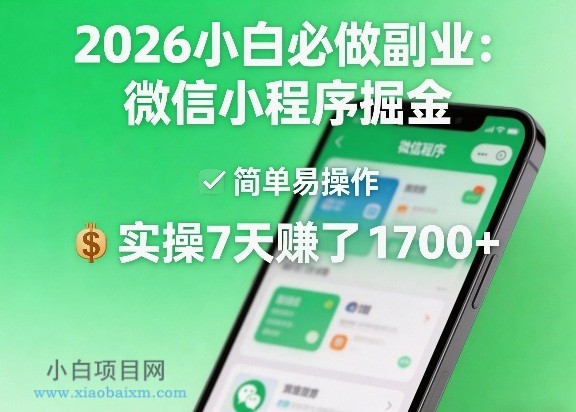 【匠心小白】2026小白必做副业：微信小程序掘金，简单易操作，实操7天賺了1700+【揭秘】-小白项目分享网