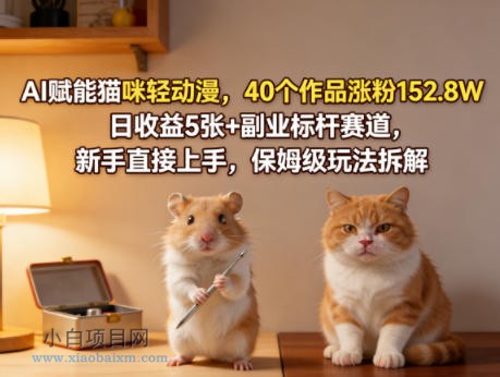 【小鲁分享网】AI赋能猫咪轻动漫，40个作品涨粉152.8W，日收益5张+副业标杆赛道，新手直接上手，保姆级玩法拆解-小白项目分享网